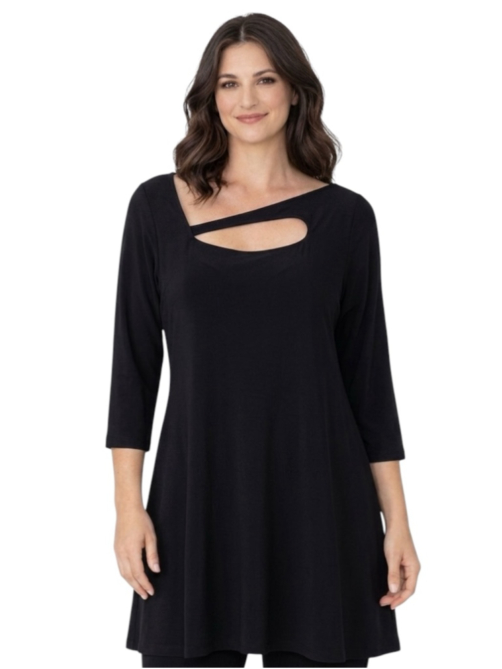 Sympli Jersey Stretch 3/4 Sleeves Tunic Top Size 10 Neckline Cutout Black